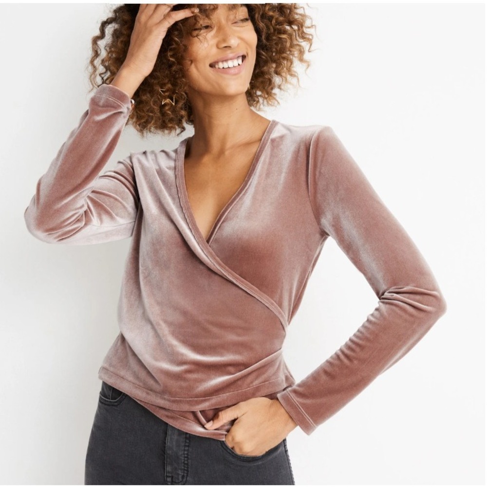 Madewell Velvet Ballet Wrap Long Sleeve Top Blush‎ Rose Pink XS NEW